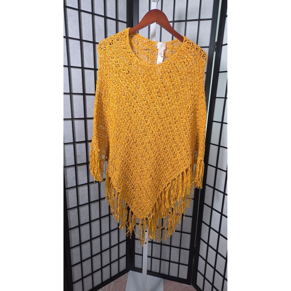 Chico's Crochet Fringe Boho Mustard Yellow Knit Poncho OS‎ Women